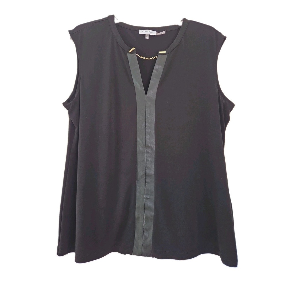Calvin Klein Blouse Top XL Cap Sleeve Faux Leather Trim Chain Detail Black